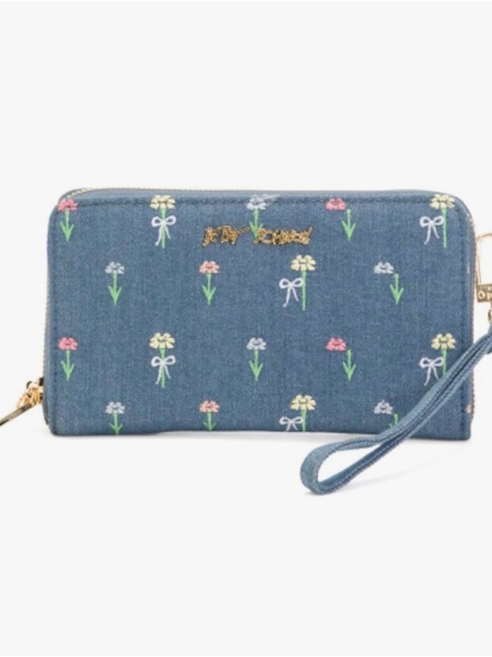 Betsey Johnson Denim Blue Floral Embroidered Wristlet